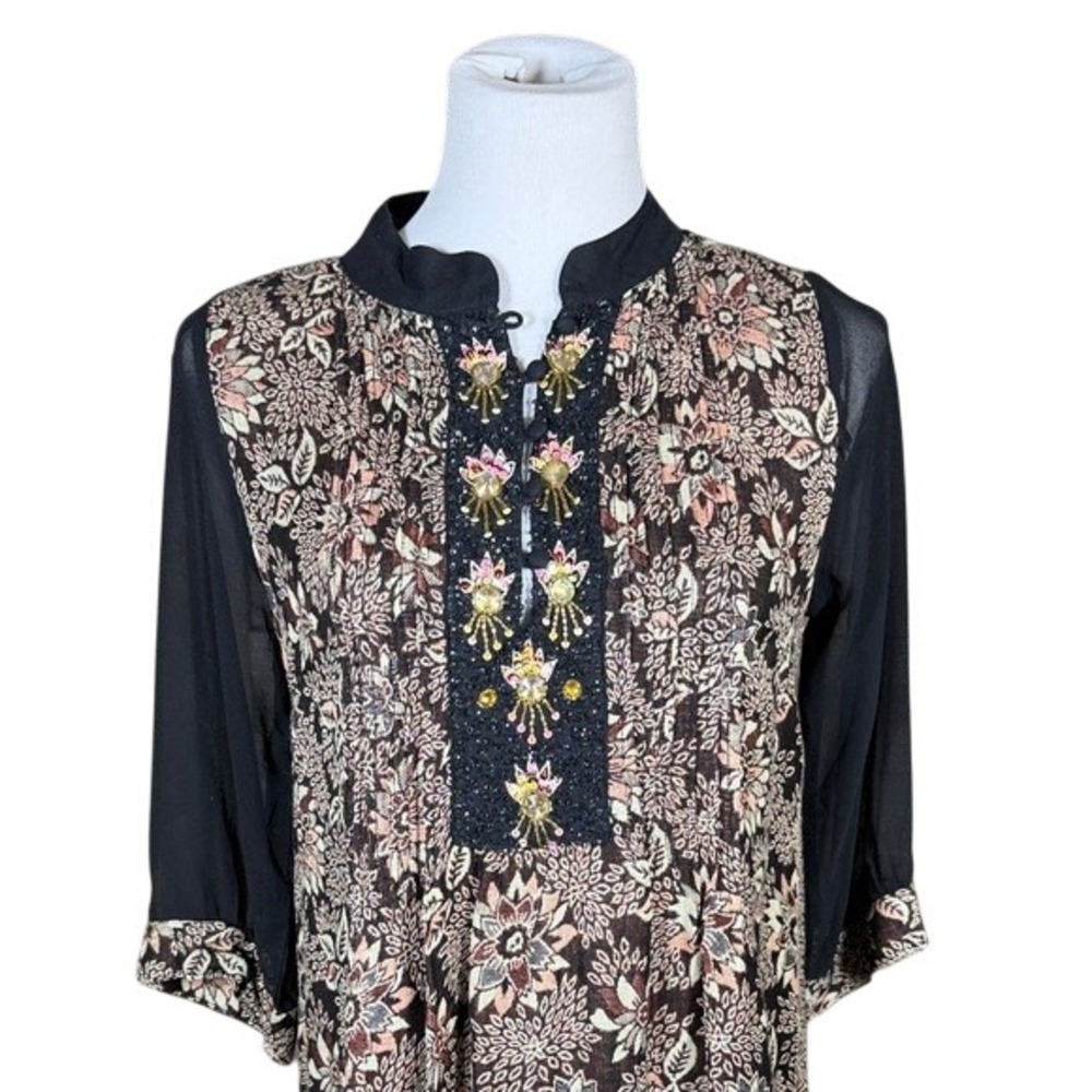 Biographie Women Small Brown Floral Paisley Beaded Tunic Dress Sheer Sleeve Boho